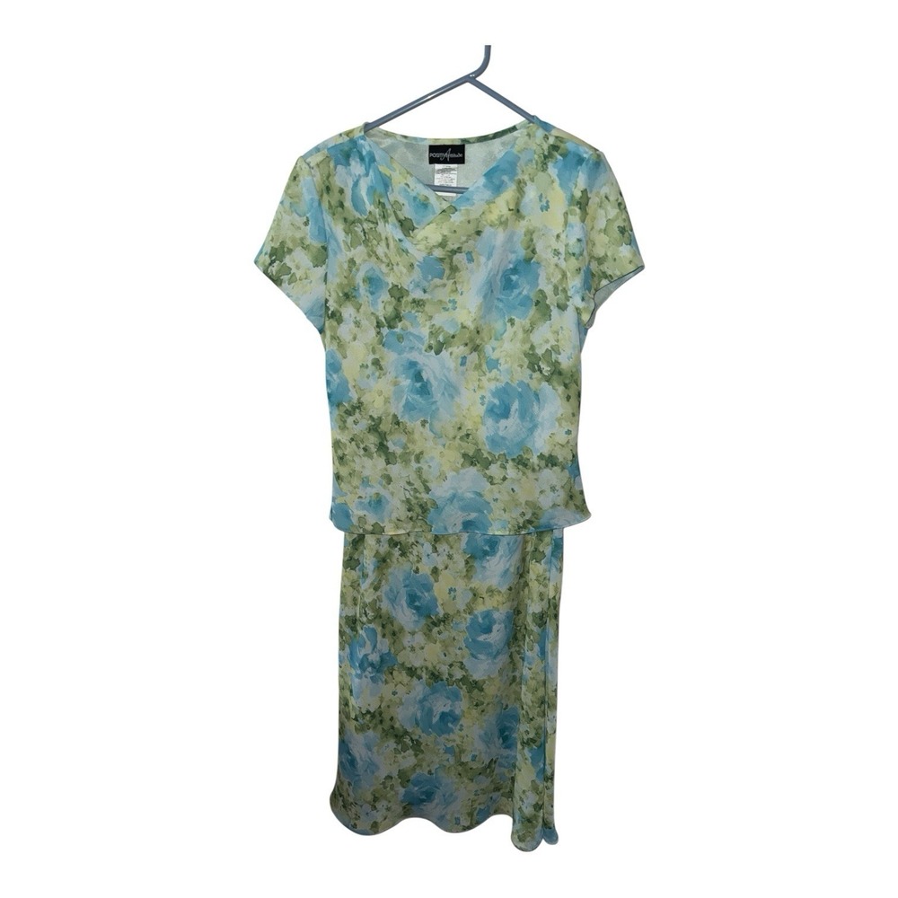 Vintage Positive Attitude 2 Pc Floral Skirt Set Size 14 Blue Green Outfit Granny